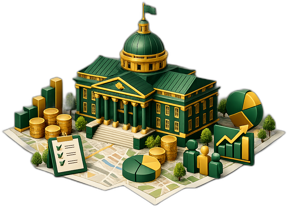 Maquete 3D de uma prefeitura com gráficos, moedas, checklist e indicadores de gestão